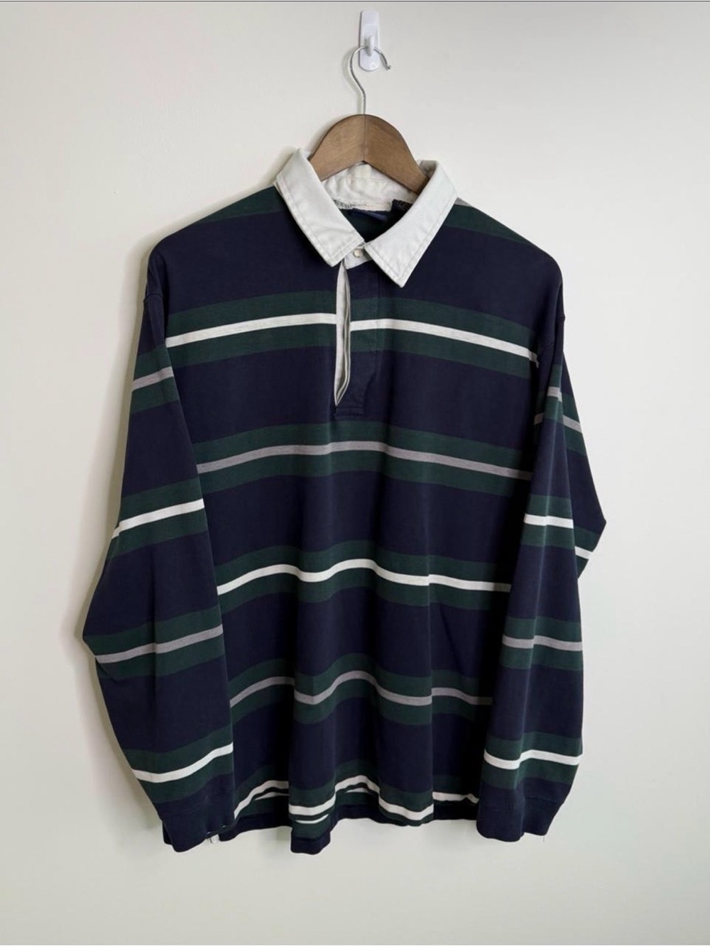 Christopher Rand Long Sleeve Rugby Polo Shirt Green Navy Striped Size Large